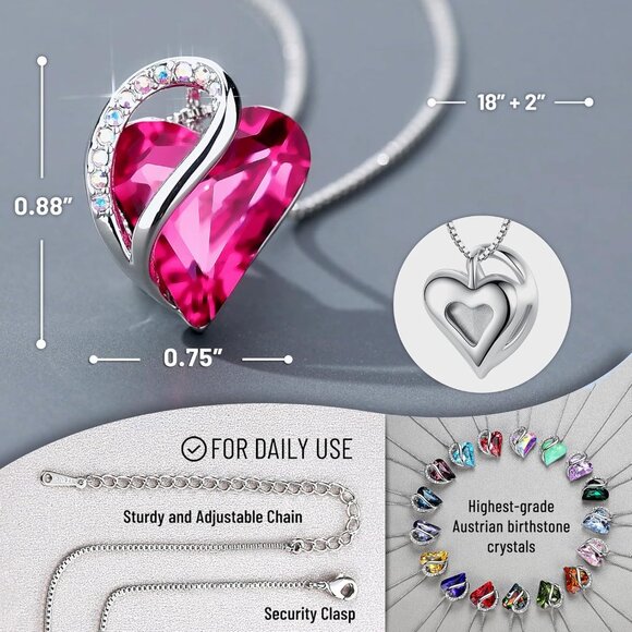 Infinity Love Birthstone Heart Pendant Quartz Pink Necklace Women Mom Silver - Picture 3 of 8